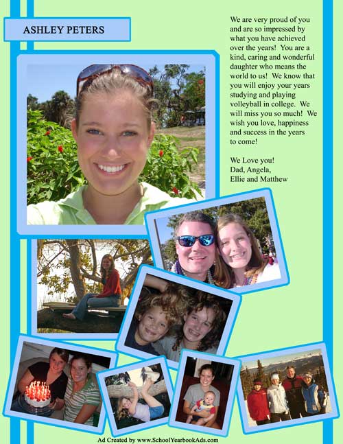 Stunning green, turqoise and light blue ad with multiple pictures of child and her family